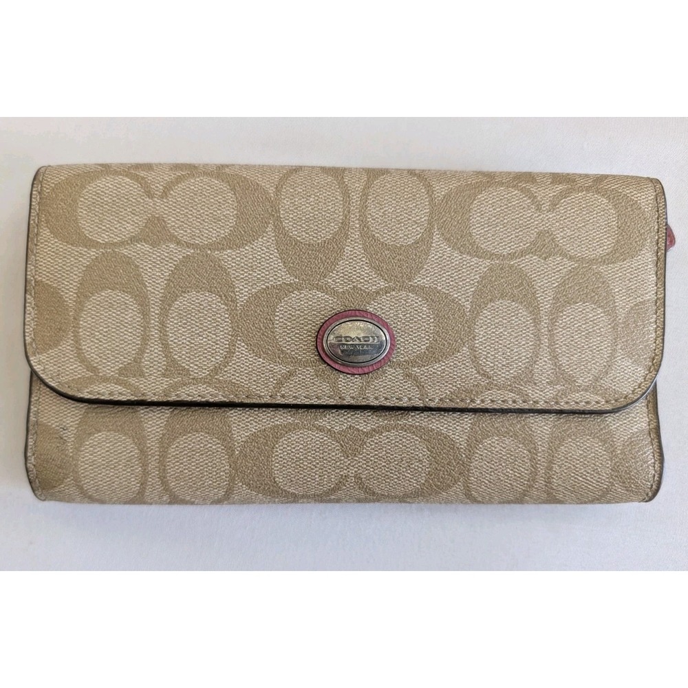 COACH Signature Canvas Envelope Wallet Beige Pink Interior Trifold Long Wallet